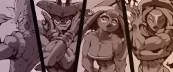 Rule 34 | 2016, 2boys, 2girls, abs, arms at sides, arms up, bare shoulders, biceps, bittenhard, breasts, cleavage, closed mouth, collarbone, commentary, crossed arms, english commentary, eyeshadow, face piercing, facial mark, flexing, gen 7 pokemon, hat, head tilt, horns, horns through headwear, humanization, legendary pokemon, lipstick, long hair, looking at viewer, looking back, makeup, medium breasts, monochrome, multiple boys, multiple girls, multiple views, muscular, muscular female, muscular male, nintendo, nose piercing, nose ring, open mouth, piercing, pokemon, pokemon (creature), serious, spiked hair, strapless, tapu bulu, tapu fini, tapu koko, tapu lele, thick lips, toned, toned female, toned male, tube top, upper body, vambraces
