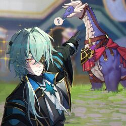 +_+ 1boy ? anaxa_(honkai:_star_rail) arm_up artist_name black_gloves black_jacket black_vest blue_eyes blurry blurry_background blush chain closed_mouth crossed_bangs eyepatch gloves gold_chain grass green_hair hair_between_eyes highres honkai:_star_rail honkai_(series) jacket lapels long_hair long_sleeves looking_at_viewer low_ponytail meme moonya multicolored_eyes open_clothes open_jacket outdoors pink_eyes pointing pointing_at_another ponytail shirt sparkle spoken_question_mark tassel two_soyjaks_pointing_(meme) upper_body vest white_shirt