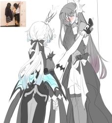 Rule 34 | 2girls, blush, bow, cerydra (honkai: star rail), commentary, crown, dress, foot kabedon, greyscale, hair bow, hands on own face, hashtag-only commentary, high heels, highres, honkai: star rail, honkai (series), hysilens (honkai: star rail), kabedon, locker foot kabedon (meme), long hair, long sleeves, meme, mini crown, monochrome, multiple girls, photo inset, reference inset, seijousai, standing, standing on one leg, thighhighs, very long hair, yuri