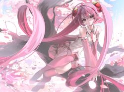 1girl absurdly_long_hair ahoge bare_shoulders boots breasts cherry_blossoms cherry_hair_ornament closed_mouth crossed_bangs detached_sleeves eskm00 food-themed_hair_ornament hair_ornament hatsune_miku in_tree long_hair looking_at_viewer necktie outdoors pink_boots pink_eyes pink_hair pink_necktie pink_skirt sakura_miku shirt sitting sitting_in_tree skirt sleeveless sleeveless_shirt small_breasts solo thigh_boots tree twintails very_long_hair vocaloid white_shirt