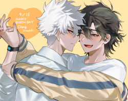 2boys ;d black_hair blue_jacket blush brown_eyes character_name cheng_xiaoshi closed_mouth collared_shirt dated english_text eye_contact fang grey_eyes hair_between_eyes happy_birthday heart highres holding_hands hug jacket jacket_partially_removed jewelry justjust_monika long_sleeves looking_at_another lu_guang male_focus multicolored_jacket multiple_boys off_shoulder one_eye_closed open_clothes open_jacket open_mouth ponytail shiguang_dailiren shirt short_hair short_ponytail simple_background smile tears upper_body watch white_hair white_shirt wristwatch yaoi yellow_background yellow_jacket