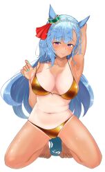 1girl absurdres animal_ears armpits barefoot bikini blue_hair breasts commentary_request gold_bikini golden_week_bikini highres horse_ears horse_tail kneeling large_breasts long_hair looking_at_viewer mejiro_ardan_(umamusume) midori_(user_uctn2277) presenting_armpit simple_background solo swimsuit tail tan tanline umamusume white_background