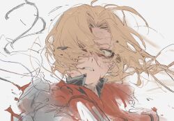 Rule 34 | 1boy, black shirt, blonde hair, clenched teeth, collared shirt, commentary request, curtained hair, debris, edward elric, floating hair, fullmetal alchemist, highres, jacket, le (szs0k), long hair, looking to the side, male focus, one eye covered, popped collar, prosthesis, prosthetic arm, red jacket, shirt, solo, teeth, upper body, white background