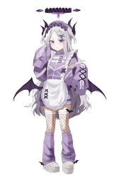 1girl absurdres ahoge bat_wings black_halo blue_archive breasts demon_girl demon_horns demon_wings halo highres hina_(blue_archive) horns long_hair muffin_(loveenanag) purple_eyes simple_background small_breasts solo standing tagme white_background white_hair wings