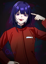 Rule 34 | 1boy, 2025, absurdres, blue background, dated, eyebrows, hand up, highres, long sleeves, looking at viewer, male focus, multicolored eyes, open mouth, pink background, pink eyes, purple background, purple eyes, purple hair, red shirt, shirt, simple background, solo, teeth, the hundred line -last defense academy-, tsukumo ima, upper teeth only