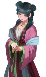 1girl chinese_clothes closed_mouth double_bun earrings fingernails formal_clothes hair_bun half-closed_eyes highres jewelry jourd4n kusuriya_no_hitorigoto lips lipstick long_hair looking_at_viewer makeup maomao_(kusuriya_no_hitorigoto) pink_nails red_lips simple_background solo white_background wide_sleeves