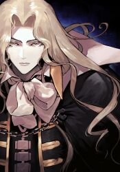 1boy alucard_(castlevania) black_cape black_coat blonde_hair cape castlevania:_symphony_of_the_night castlevania_(series) chain closed_mouth coat collared_cape commentary curtained_hair english_commentary highres long_hair looking_ahead male_focus neck_ribbon ribbon ryo_yo_shi solo upper_body very_long_hair white_ribbon yellow_eyes
