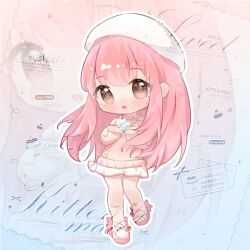 1girl :o bare_legs beret blue_background blunt_bangs bow bra_strap brown_eyes chibi chinese_commentary commentary_request cross-laced_shoes footwear_bow fur_hat gradient_background hat holding holding_snowflake jewelry knees lanlan_zhi_paopao light_blush light_particles long_hair long_sleeves looking_at_viewer miniskirt miracle_nikki multicolored_shoes necklace nikki_(nikki) nikki_(series) no_socks off-shoulder_sweater off_shoulder open_mouth orange_background outline pink_bow pink_hair pink_shoes pink_sweater pleated_skirt puffy_long_sleeves puffy_sleeves sample_watermark second-party_source shoes skirt snowflakes solo sparkling_eyes sweater tareme too_many_watermarks two-tone_shoes very_long_hair watermark white_hat white_outline white_shoes white_skirt winter_miracle_(miracle_nikki) zoom_layer