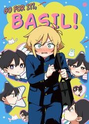 2boys alternate_costume antenna_hair bag basil_(faraway)_(omori) basil_(omori) black_eyes black_hair black_pants blonde_hair blue_eyes blush bright_pupils closed_mouth duffel_bag english_text ganbare!_nakamura-kun!! highres kiimorisame long_sleeves looking_at_viewer male_focus multiple_boys omori open_mouth pants parody school_uniform short_hair smile sunny_(omori) sweat white_pupils yaoi
