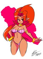 1girl armlet bad_id bad_tumblr_id bangle bare_shoulders big_hair bigdead bikini bracelet breasts choker cleavage cowboy_shot cropped_legs dark-skinned_female dark_skin din eyebrows female_focus hand_on_own_hip highres jewelry large_breasts long_hair lots_of_jewelry navel nintendo pointy_ears ponytail red_hair solo strapless swimsuit the_legend_of_zelda the_legend_of_zelda:_oracle_of_seasons
