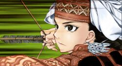 Rule 34 | 1girl, aiming, aiming at viewer, amir halgal, arrow (projectile), black eyes, black hair, bow (weapon), closed eyes, closed mouth, colorized, crystalpurity, dress, ear piercing, earrings, hat, holding, holding arrow, holding bow (weapon), holding weapon, jewelry, kazakh clothes, mori kaoru, otoyomegatari, piercing, red dress, red hat, solo, uzbekistan, weapon