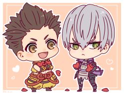 2boys :&lt; :d ak_87_kt armor brown_eyes brown_hair chibi chibi_only full_body green_eyes grey_hair heart ishida_mitsunari_(sengoku_basara) japanese_armor male_focus midriff multiple_boys navel open_mouth orange_background outline sengoku_basara short_hair smile tokugawa_ieyasu_(sengoku_basara) v-shaped_eyebrows white_outline