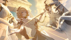 1girl absurdres aglaea_(honkai:_star_rail) blonde_hair breasts closed_mouth commentary_request dress flower garmentmaker_(honkai:_star_rail) green_eyes hair_flower hair_ornament head_wreath highres holding holding_sword holding_weapon honkai:_star_rail honkai_(series) large_breasts looking_at_viewer short_hair smile solo sword weapon white_dress white_flower yuyiosang