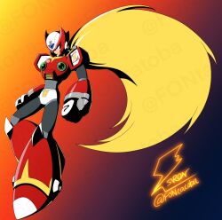 Rule 34 | 1boy, android, armor, blonde hair, blue eyes, chest jewel, clenched hands, closed mouth, copyright name, energy sword, fontatoba, forehead jewel, full body, gradient background, helmet, highres, jewelry, long hair, male focus, mega man (series), mega man x (series), ponytail, red armor, red helmet, robot, robot ears, shoulder armor, signature, sword, sword on back, twitter username, very long hair, weapon, weapon on back, z saber, zero (mega man)