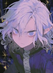 Rule 34 | 1boy, absurdres, angry, bags under eyes, clenched teeth, dungeon meshi, elf, from above, frown, glaring, grey eyes, grey hair, high collar, highres, long sleeves, looking at viewer, male focus, maratang, medium hair, mithrun, pointy ears, purple shirt, ringed eyes, shirt, solo, teeth, upper body, wavy hair