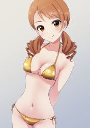 1girl alternate_costume bikini blush breasts collarbone commentary_request drill_hair gold_bikini groin halterneck highres hojo_karen idolmaster idolmaster_cinderella_girls long_hair medium_breasts navel orange_hair side-tie_bikini_bottom silky_(silky_alice) simple_background smile solo stomach string_bikini swimsuit twintails twitter_username watermark