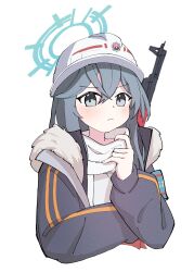 1girl absurdres akm armband assault_rifle blue_archive blue_hair closed_mouth cropped_torso fur-trimmed_jacket fur_trim grey_eyes grey_jacket gun hair_between_eyes halo hard_hat helmet highres jacket kalashnikov_rifle light_blush long_sleeves looking_at_viewer minori_(blue_archive) morphling_(artist) rifle scarf simple_background solo upper_body weapon weapon_on_back white_background white_helmet white_scarf