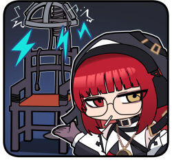 1girl artist_request chair chibi chibi_only chinese_commentary electric_chair erika_(neural_cloud) girls&#039;_frontline girls&#039;_frontline_neural_cloud heterochromia looking_at_viewer nun official_art red_eyes red_hair second-party_source solo yellow_eyes