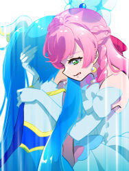 2girls blue_bow blue_dress bow braid comforting commentary crown_braid cure_prism cure_sky dress dress_bow earrings elbow_gloves frown glove_bow gloves green_eyes hair_bow hair_ornament highres hirogaru_sky!_precure hug jewelry long_hair magical_girl multiple_girls nekoko_(nekonekonya) nijigaoka_mashiro open_mouth pink_bow pink_hair precure sad side_braids sleeveless sleeveless_dress sora_harewataru sunlight tears twintails two-tone_dress very_long_hair white_background white_bow white_dress white_gloves wing_hair_ornament