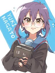 Rule 34 | 1girl, bbr brbr, blue sailor collar, blush, book, hugging book, brown cardigan, brown eyes, cardigan, character name, commentary request, flying sweatdrops, glasses, hair between eyes, highres, holding, holding book, hugging object, kita high school uniform, long sleeves, looking at viewer, nagato yuki, nagato yuki-chan no shoushitsu, purple hair, sailor collar, school uniform, serafuku, short hair, solo, suzumiya haruhi no shoushitsu, suzumiya haruhi no yuuutsu, sweatdrop, winter uniform