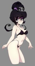 1girl absurdres beetlejuice black_bra black_eyes black_hair black_panties bra breasts cleavage closed_mouth commentary english_commentary grey_background highres looking_at_viewer lydia_deetz medium_breasts medium_hair navel panties short_hair simple_background slugbox smile solo underwear underwear_only