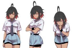 1girl ahoge black_hair black_shorts blue_necktie blue_skirt breasts closed_mouth collared_shirt commentary_request cowboy_shot crossed_arms frown hair_between_eyes hand_on_own_chin indonesian_commentary indonesian_high_school_uniform leaning_forward looking_at_viewer medium_breasts multicolored_hair multiple_views necktie original red_eyes red_hair school_uniform shirt short_hair short_sleeves shorts shorts_under_skirt simple_background skirt sneusagi standing streaked_hair stroking_own_chin swept_bangs two-tone_hair v-shaped_eyebrows white_background white_shirt wristband