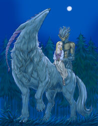 1girl berserk black_hair blank_eyes blonde_hair blue_eyes brown_footwear brown_skirt fangs full_moon highres horns irvine_(berserk) long_skirt monster moon night open_mouth paru6801 pine_tree pointy_ears skirt smile sonia_(berserk) tree