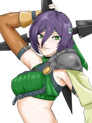 Rule 34 | 1girl, armor, chainsaw man, closed mouth, cosplay, cropped sweater, final fantasy, final fantasy vii, fingerless gloves, forehead protector, gloves, green eyes, green sweater, hair between eyes, hair bun, highres, holding, holding shuriken, holding weapon, orange gloves, pauldrons, purple hair, reze (chainsaw man), shoulder armor, shuriken, simple background, single pauldron, sleeveless, sleeveless turtleneck, solo, sweater, thebabalgam, turtleneck, weapon, white background, yuffie kisaragi, yuffie kisaragi (cosplay)