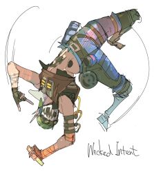 Rule 34 | 1boy, \n/, animification, apex legends, bad id, bad twitter id, bandaged arm, bandages, black gloves, blue shorts, brown vest, cable, cropped vest, fingerless gloves, gloves, goggles, green headwear, holding, male focus, mask, mechanical legs, midair, midriff, motion lines, mouth mask, navel, octane (apex legends), shorts, sketch, solo, thundergotch, upside-down, vest, white background