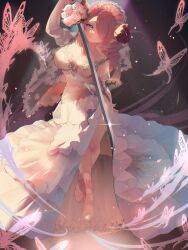 1girl alternate_costume arumu blue_eyes braid breasts bug butterfly draph dress granblue_fantasy hair_over_one_eye highres holding holding_sword holding_weapon horns insect large_breasts long_hair looking_at_viewer narmaya_(granblue_fantasy) pointy_ears sidelocks solo sword weapon wedding_dress