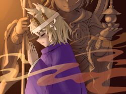Rule 34 | 1girl, aoiueo12, armor, bishamonten&#039;s pagoda, blonde hair, brown background, closed eyes, commentary request, fangs, from side, hair ears, hair ornament, hair ribbon, headband, highres, holding, holding polearm, holding weapon, medium hair, palms together, polearm, praying, profile, purple robe, ribbon, robe, smoke, solo, statue, toramaru shou, touhou, toyosatomimi no miko, upper body, weapon, white headband