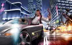 Rule 34 | bullet hole, car, chasing, city, cityscape, deviantart, explosion, fire, glasses, grand theft auto, grand theft auto iv, gun, highres, luis lopez, male focus, motor vehicle, multiple boys, night, patrick brown, submachine gun, sweater, tony prince, vest, weapon, white sweater