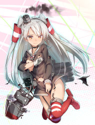 10s 1girl 3: amatsukaze_(kancolle) artist_name buttons choker collarbone covering_breasts covering_crotch covering_privates dated dress full_body garter_straps gloves hair_tubes hat kantai_collection lifebuoy long_hair looking_at_viewer machinery mini_hat navel ninnzinn o_o orange_eyes red_thighhighs rensouhou-kun sailor_collar sailor_dress ship_turret short_dress signature silver_hair single_glove smoke striped_clothes striped_thighhighs swim_ring tears thighhighs torn_clothes torn_dress twintails two_side_up very_long_hair white_gloves