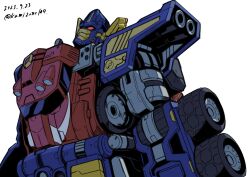 autobot clip_studio_paint_(medium) dated highres kamizono_(spookyhouse) looking_up making-of_available mecha no_humans optimus_prime red_eyes robot science_fiction simple_background solo transformers transformers_armada transformers_unicron_trilogy twitter_username upper_body wheel white_background