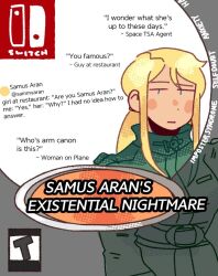 1girl blonde_hair cover english_text hoshizora_lone looking_at_viewer meme metroid nintendo ponytail samus_aran solo tony_hawk tony_hawk&#039;s_existential_nightmare_(meme) tony_hawk&#039;s_pro_skater video_game_cover