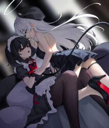 2girls absurdres apron backless_dress backless_outfit bare_shoulders black_dress black_hair black_thighhighs blue_eyes breasts commentary demon_tail dress frilled_apron frills gloves grey_hair halo hat high_heels highres maid_headdress medium_breasts multiple_girls original red_eyes red_gloves shimmer short_sleeves sitting symbol-only_commentary tail thigh_strap thighhighs white_apron yuri