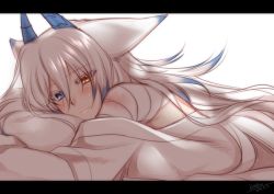 Rule 34 | 10s, 1girl, 2015, animal ears, artist name, bandages, blue eyes, blush, dated, dragon girl, dragon horns, female focus, heterochromia, horns, hugging object, konshin, letterboxed, long hair, looking at viewer, lying, monster girl, multicolored hair, on stomach, orange eyes, orie hakua, pillow, pillow hug, pixiv fantasia, pixiv fantasia new world, smile, solo, two-tone hair, white hair