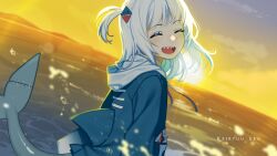 1girl absurdres blue_hair blue_hoodie fins fish_tail from_behind gawr_gura highres hololive hololive_english hood hood_down hoodie keiryuu_seo looking_at_viewer ocean one_side_up open_mouth shark_girl shark_tail sharp_teeth smile solo sunset tail teeth virtual_youtuber