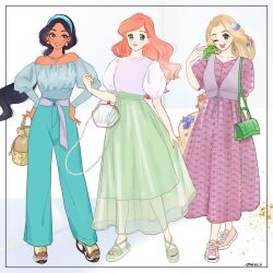 3girls aladdin_(movie) ariel_(disney) bare_shoulders black_hair blonde_hair breasts brown_eyes chameleon cleavage contemporary dark-skinned_female dark_skin disney_princess earrings jasmine_(disney) jewelry long_hair looking_at_viewer meecosme midriff multiple_girls necklace off_shoulder pascal_(tangled) rapunzel_(disney) red_hair shirt smile tangled the_little_mermaid_(disney) very_long_hair