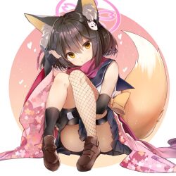 1girl animal_ear_fluff animal_ears asymmetrical_legwear black_gloves black_sailor_collar black_skirt blue_archive brown_eyes brown_hair brown_shoes c: cherry_blossom_print closed_mouth commentary convenient_leg elbow_gloves eyelashes eyeshadow fishnet_thighhighs fishnets floral_print floral_print_kimono fox_ears fox_girl fox_hair_ornament fox_shadow_puppet fox_tail full_body gloves hair_between_eyes hair_ornament halo hand_up happy heart highres hugging_own_legs izuna_(blue_archive) japanese_clothes kimono knees_together_feet_apart knees_up loafers long_sleeves looking_at_viewer makeup medium_hair midori_(misuriru8) miniskirt mismatched_legwear partially_fingerless_gloves pink_background pink_eyeshadow pink_halo pink_kimono pink_scarf pleated_skirt pom_pom_(clothes) pom_pom_hair_ornament print_kimono sailor_collar scarf school_uniform serafuku shirt shoes simple_background single_thighhigh sitting skirt sleeveless sleeveless_shirt smile solo split_mouth straight_hair tail tail_raised thigh_strap thighhighs thighs two-tone_background watermark white_background white_shirt wide_sleeves