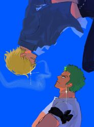 2boys bandana_around_arm black_pants blonde_hair blue_shirt blue_sky cigarette commentary crossed_arms earrings green_hair hashtag-only_commentary highres jewelry male_focus multiple_boys one_piece pants profile r3fekpz4io20927 roronoa_zoro sanji_(one_piece) shirt short_hair sky smile smoke symbol-only_commentary t-shirt upside-down white_shirt