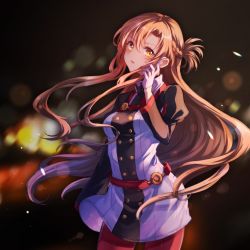 Rule 34 | 1girl, asuna (sao), black sleeves, blurry, blurry background, brown eyes, brown hair, covered navel, cowboy shot, female focus, floating hair, gloves, hair between eyes, highres, hozumi rino, long hair, long sleeves, looking at viewer, night, open mouth, outdoors, pants, red pants, solo, standing, sword art online, sword art online the movie: ordinal scale, very long hair, white gloves