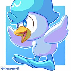 absurdres bird blue_background blue_eyes blue_hair border commentary_request from_side highres nintendo no_humans open_mouth outside_border partial_commentary pokemon pokemon_(creature) pokemon_focus quaxly short_hair signature simple_background smile solo twitter_username watagashikn white_border