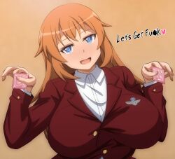 Rule 34 | 1girl, arobiro, blue eyes, blush, breasts, charlotte e. yeager, condom, highres, large breasts, long hair, looking at viewer, military uniform, open mouth, orange hair, smile, solo, strike witches, world witches series