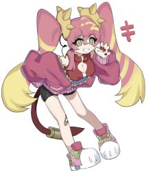 1girl bare_shoulders black_shorts blonde_hair breasts cleavage duel_monster green_eyes highres itoama_030 jacket ki-sikil_(yu-gi-oh!) live_twin_ki-sikil long_hair medium_breasts multicolored_hair nail_polish open_clothes open_jacket pink_hair red_jacket red_shirt shirt shorts simple_background solo streaked_hair twintails two-tone_hair very_long_hair virtual_youtuber white_background yu-gi-oh!