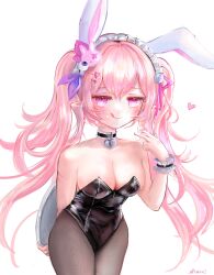 absurdres bow choker cutestshiinoa hair_bow hair_ornament highres lace_cuffs leotard pink_eyes pink_hair playboy_bunny rabbit_hair_ornament tongue tongue_out twintails twisty_amanozako virtual_youtuber