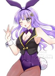 Rule 34 | 1girl, blush, breasts, cleavage, date a live, grey eyes, grey hair, hair ornament, izayoi miku, long hair, rabbit ears, rabbit tail, solo