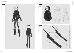 Rule 34 | 1girl, black capelet, black jacket, black thighhighs, brown hair, capelet, full body, green eyes, grey background, heavily armed high school girls, hood, hood up, ichi (neco), jacket, neco, reference sheet, simple background, standing, sword, thighhighs, weapon