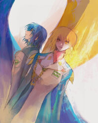 Rule 34 | 1boy, 1girl, athrun zala, blonde hair, blue hair, cagalli yula athha, commentary request, gundam, gundam seed, jacket, long sleeves, military jacket, military uniform, she (morianosu), short hair, smile, upper body, yellow eyes