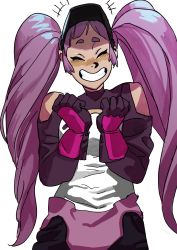 absurdres bare_shoulders entrapta closed_eyes gloves grin highres masters_of_the_universe purple_hair she-ra_and_the_princesses_of_power simple_background smile twintails white_background